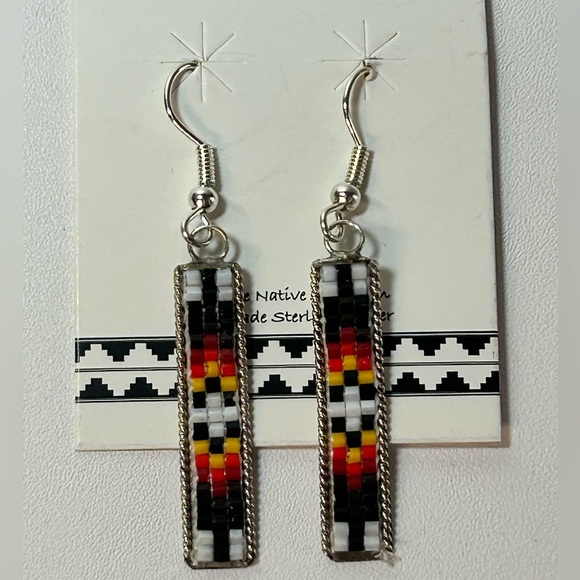 Navajo Artist Lucille Romone Woven Seed Beads Earrings on Sterling Silver 925